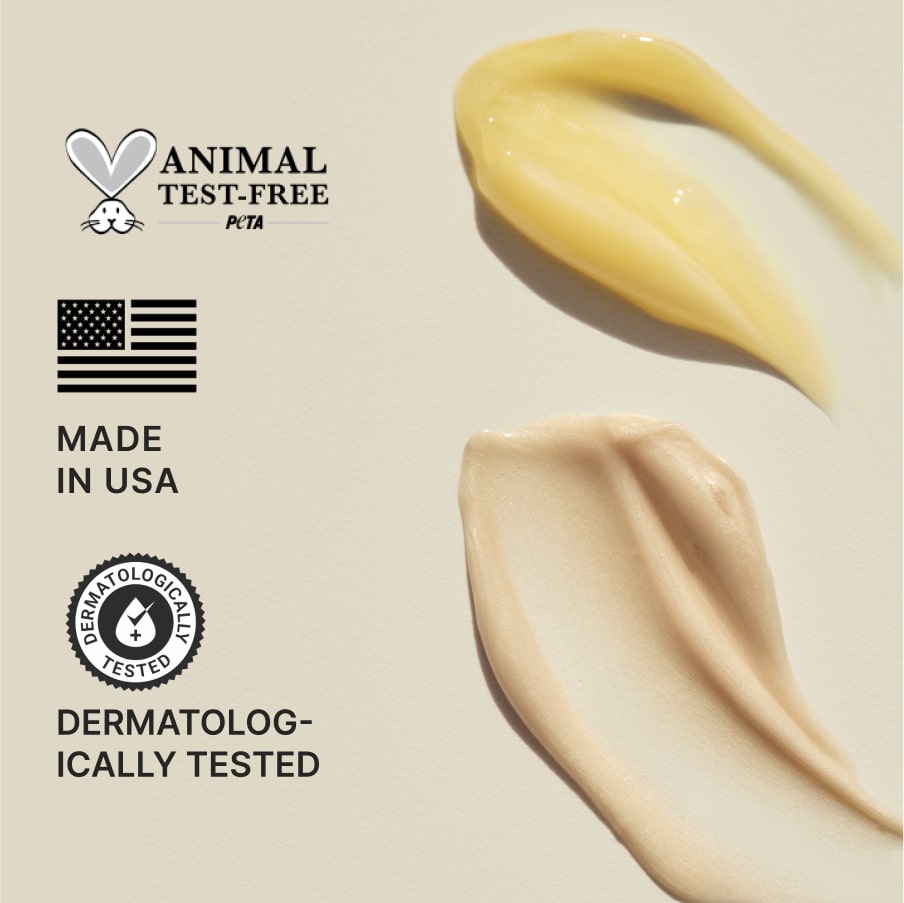 Three badges beside two cream swatches: animal test-free and PETA-certified, made in the USA, and dermatologically tested.