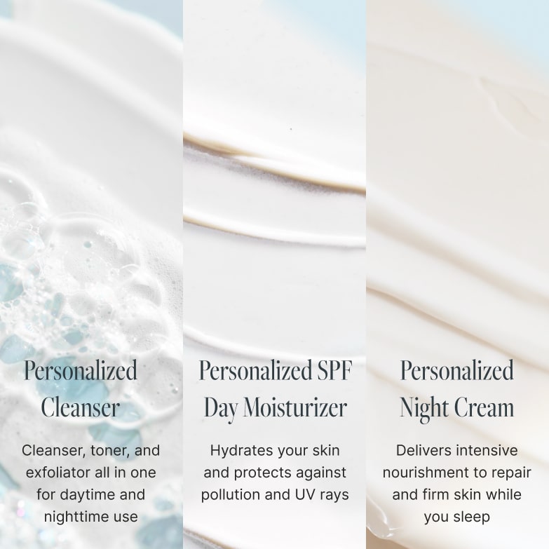 The three steps side by side — the Personalized Cleanser, a cleanser, toner and exfoliator in one; the Personalized SPF Day Moisturizer, which hydrates and protects against pollution and UV rays; and the Personalized Night Cream, which nourishes and firms skin overnight.