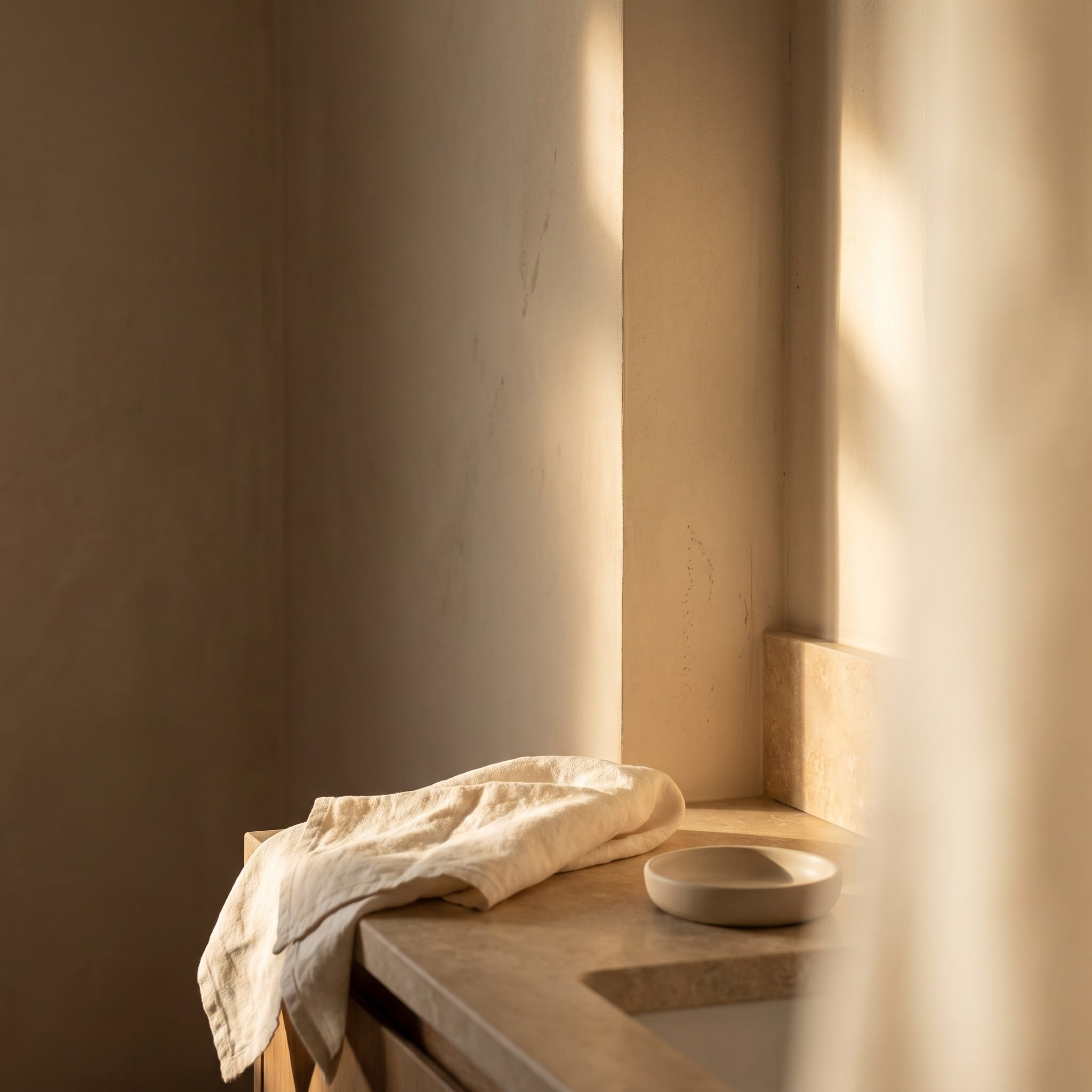 Morning daylight raking across a plaster wall and linen — the light and air the skin lives in