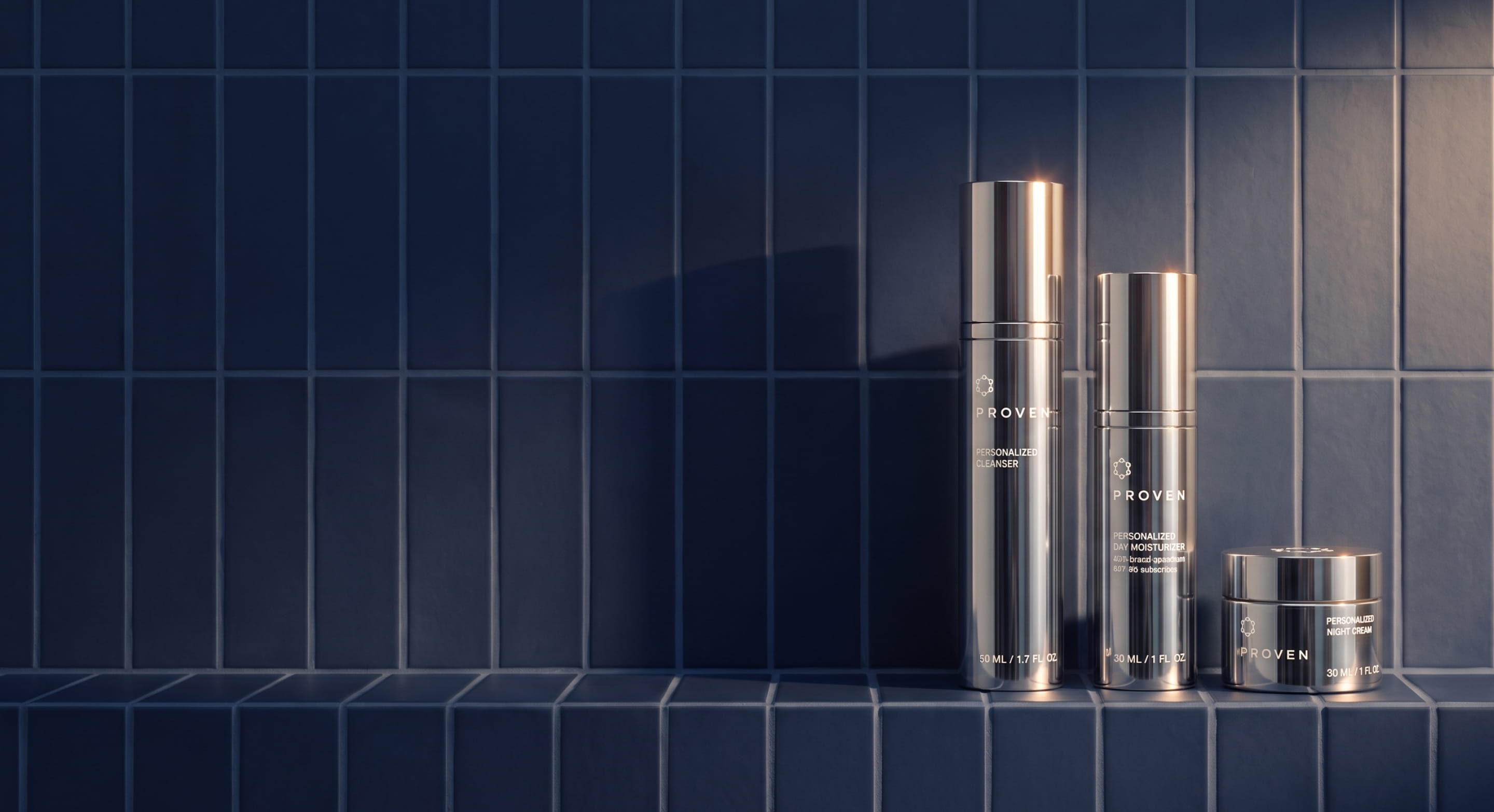 The PROVEN system — personalized cleanser, day moisturizer with SPF, and night cream on a dark blue tiled ledge