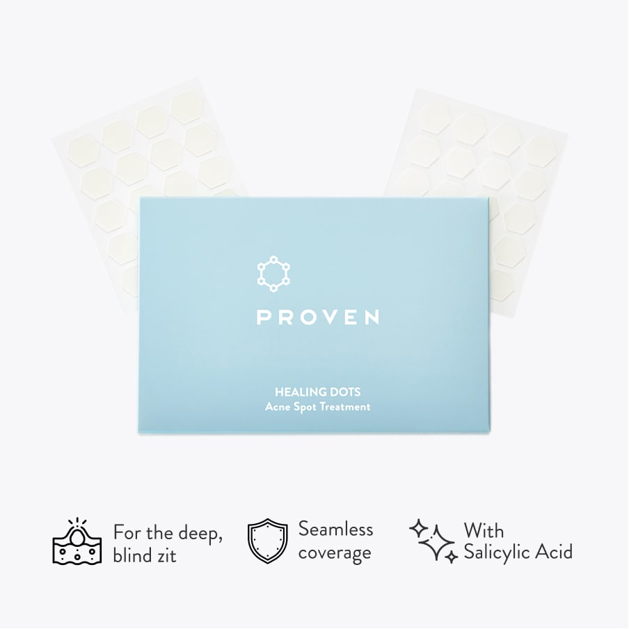The blue PROVEN Healing Dots box between two sheets of hexagonal patches, above three claims: for the deep blind zit, seamless coverage, with salicylic acid.