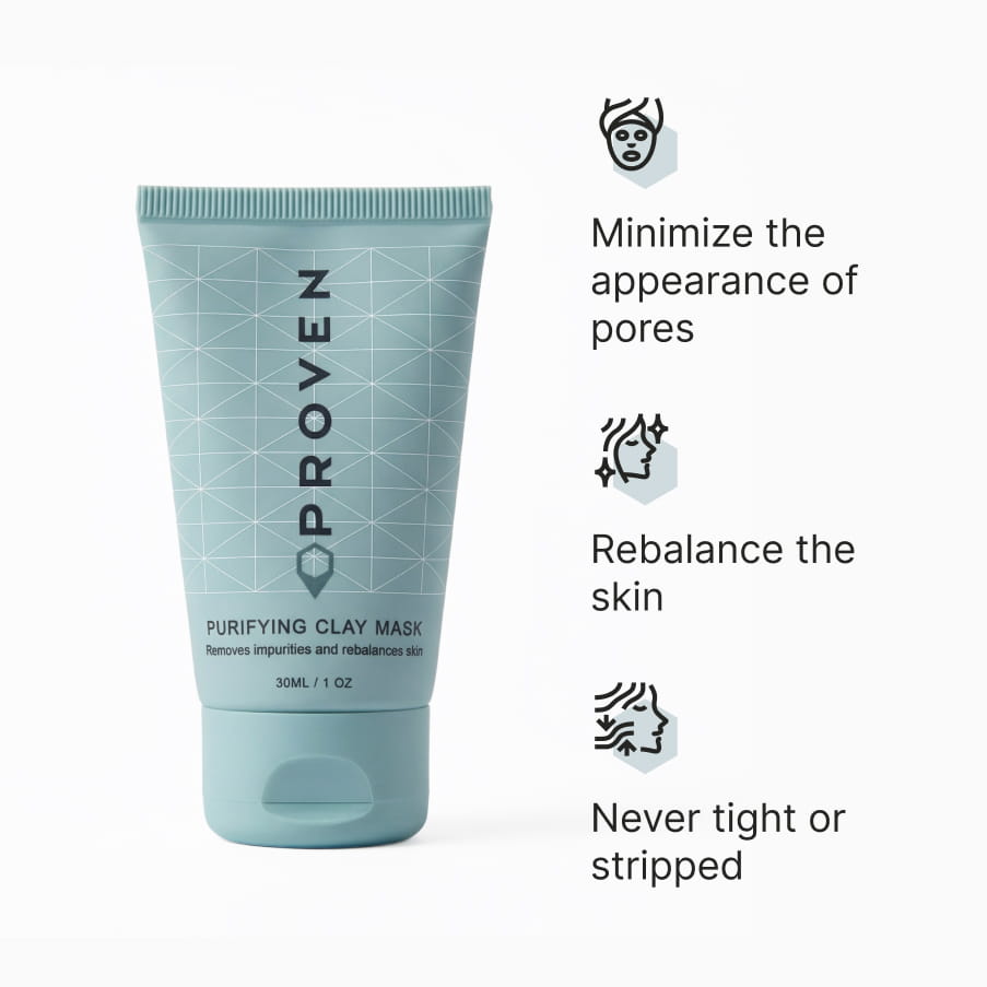 The Purifying Clay Mask tube beside three benefits: minimize the appearance of pores, rebalance the skin, and never tight or stripped