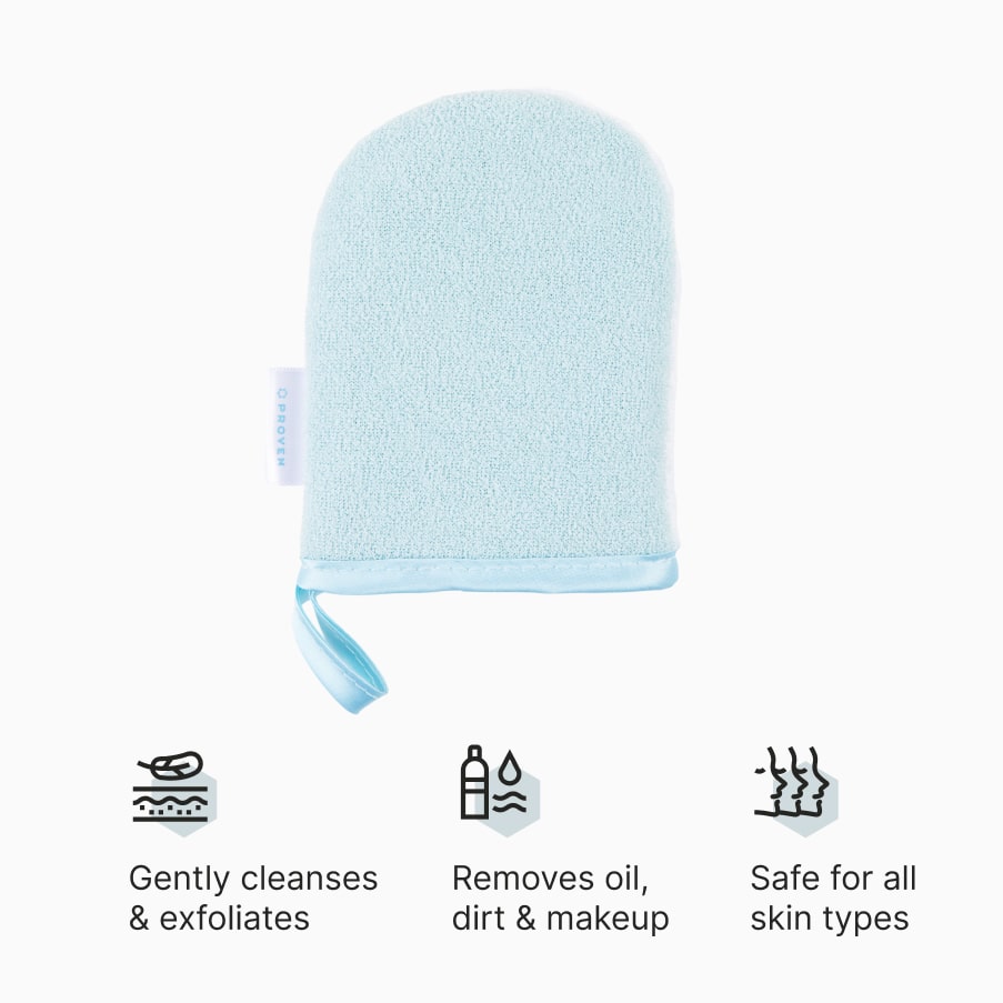 The mint-blue Cleansing Face Mitt, with three claims beneath it: gently cleanses and exfoliates, removes oil, dirt and makeup, safe for all skin types.