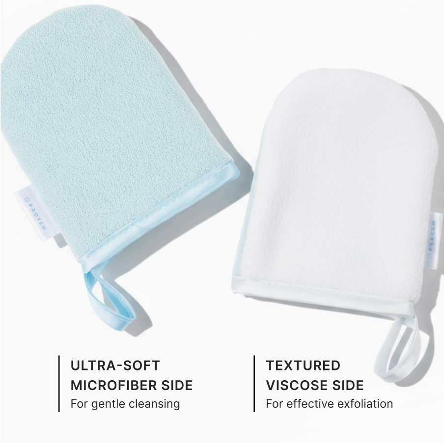 The mitt's two sides side by side: the ultra-soft microfiber side for gentle cleansing, and the textured white viscose side for effective exfoliation.