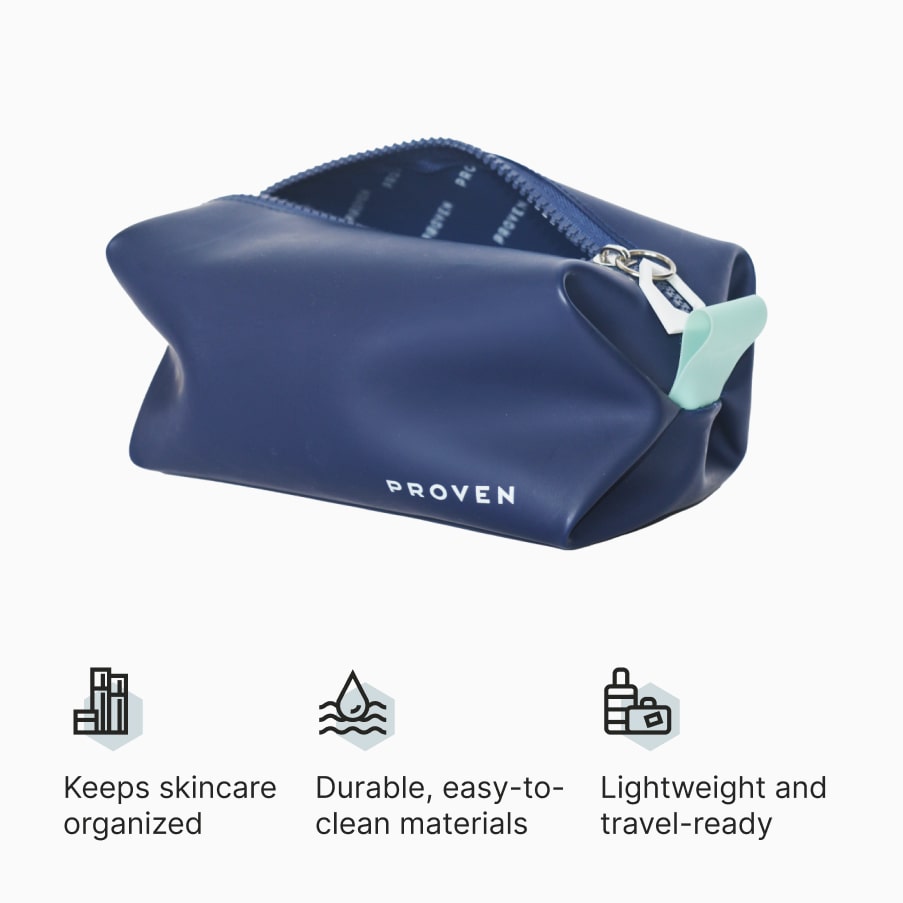 The navy PROVEN cosmetic bag with a mint-green zip pull, above three claims: keeps skincare organized, durable easy-to-clean materials, lightweight and travel-ready.