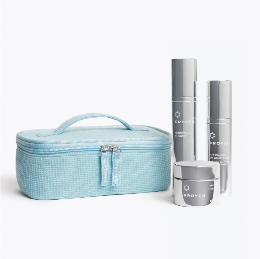 The toiletry bag beside a full PROVEN routine — cleanser, day moisturizer, serum and night cream — showing how much it holds.