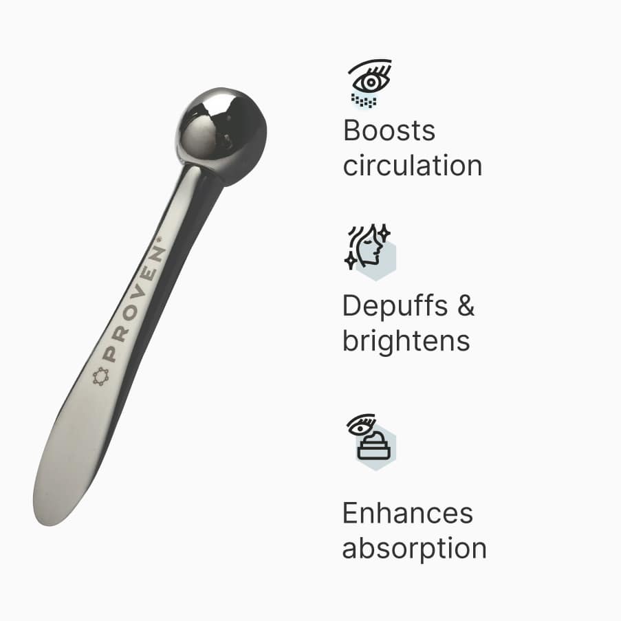 The stainless-steel eye cream applicator with its rounded ball tip, beside three claims: boosts circulation, depuffs and brightens, enhances absorption.