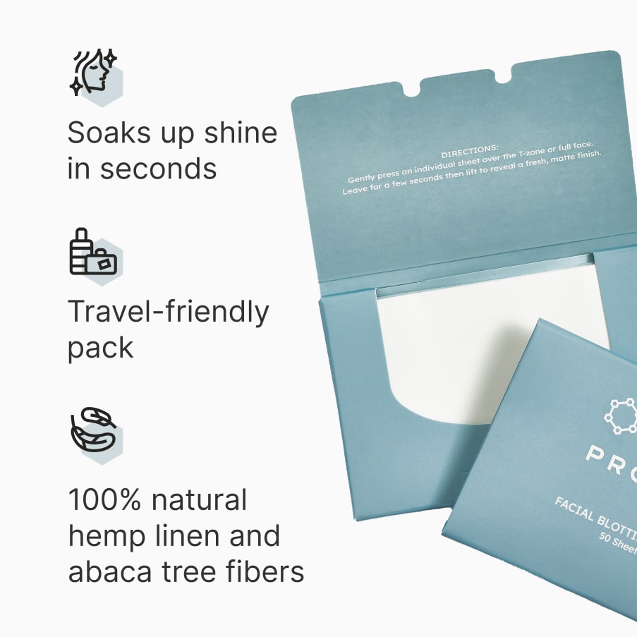The open blotting sheet pack beside three benefits: soaks up shine in seconds, a travel-friendly pack, and 100% natural hemp linen and abaca tree fibers