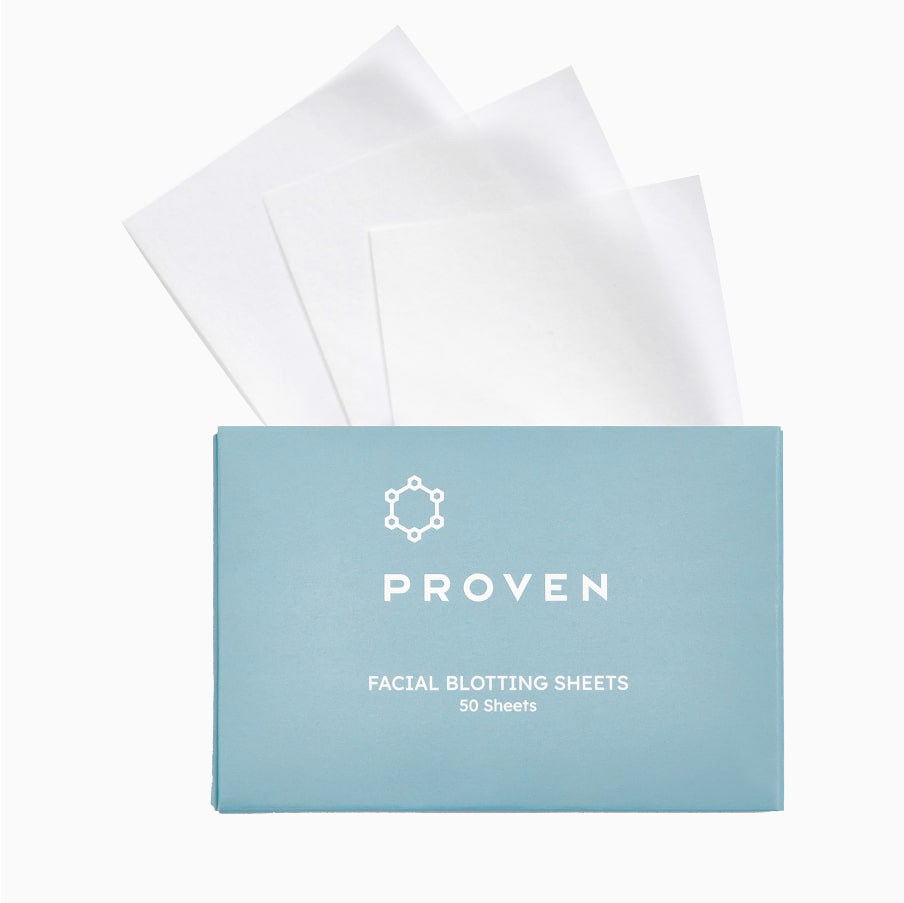 Three white blotting sheets fanned out behind the pack, labelled PROVEN Facial Blotting Sheets, 50 sheets