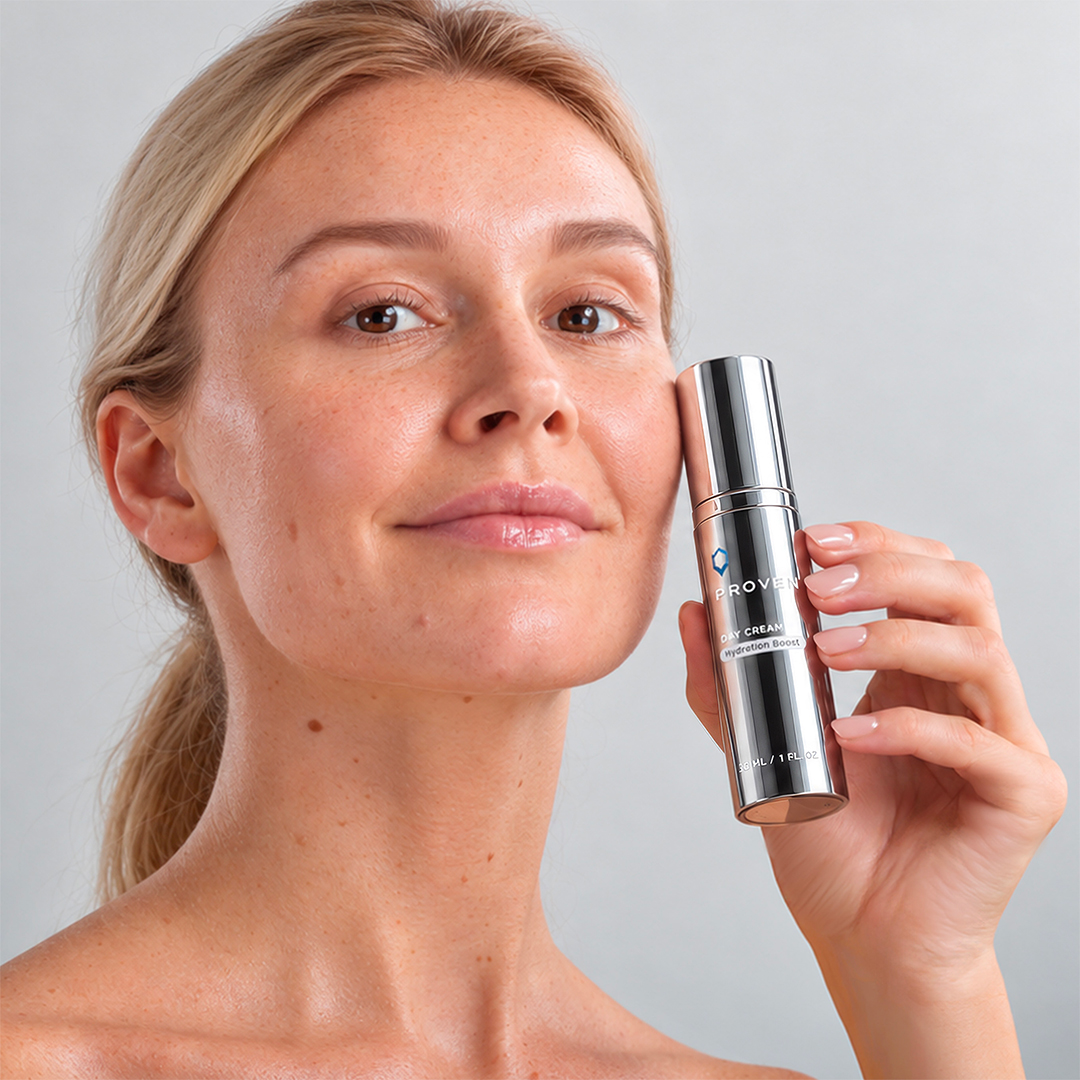 Woman holding the Day Cream Hydration Boost bottle beside her cheek
