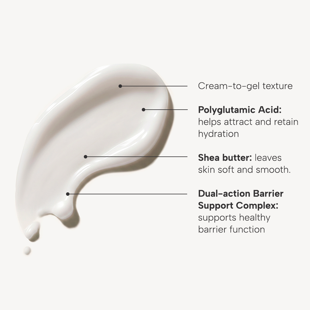 Cream-to-gel texture swatch with polyglutamic acid, shea butter and a barrier support complex