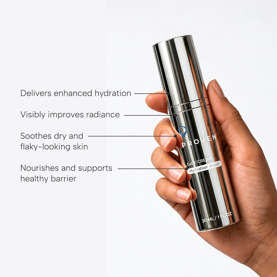 Hand holding the bottle: enhances hydration, improves radiance, soothes dry skin, supports the barrier