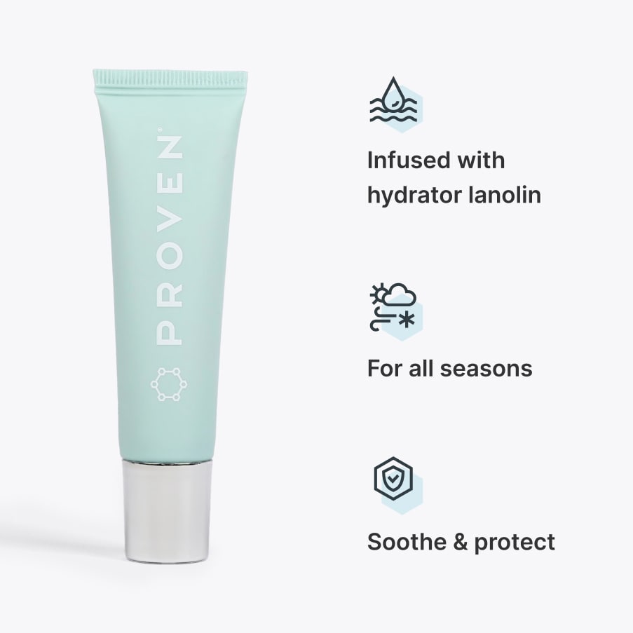 The mint-green PROVEN lip balm tube, beside three claims: infused with hydrator lanolin, for all seasons, soothe and protect.