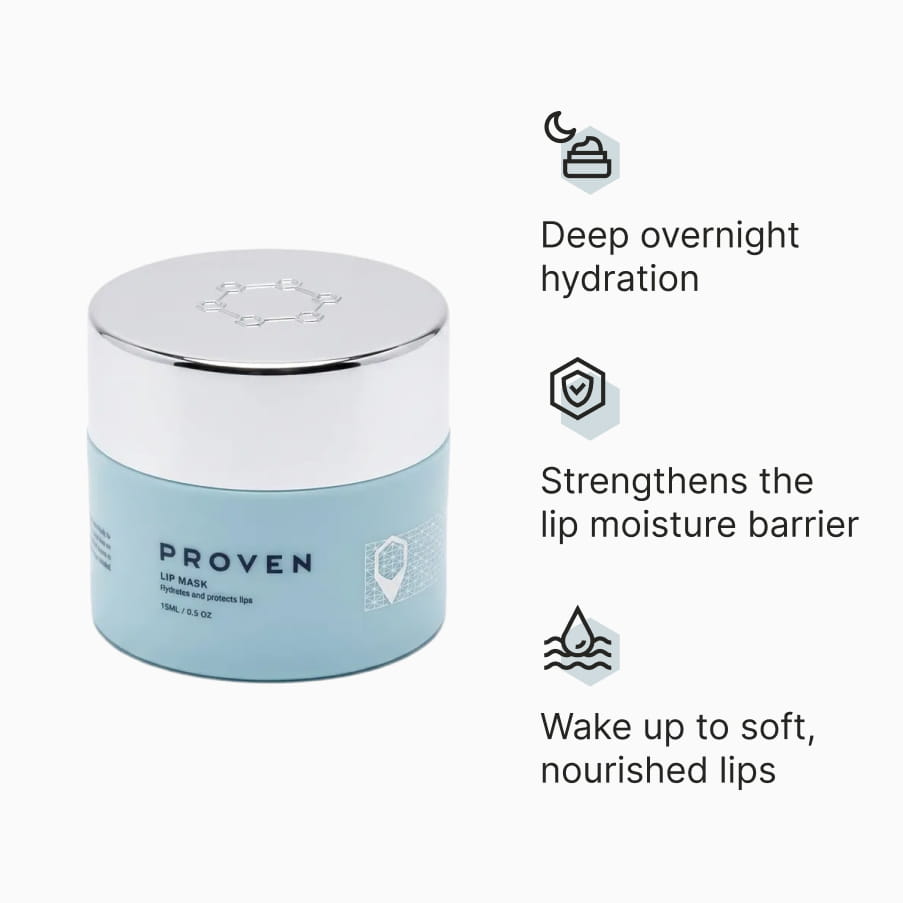 The Lip Mask jar beside three benefits: deep overnight hydration, strengthens the lip moisture barrier, and wake up to soft, nourished lips