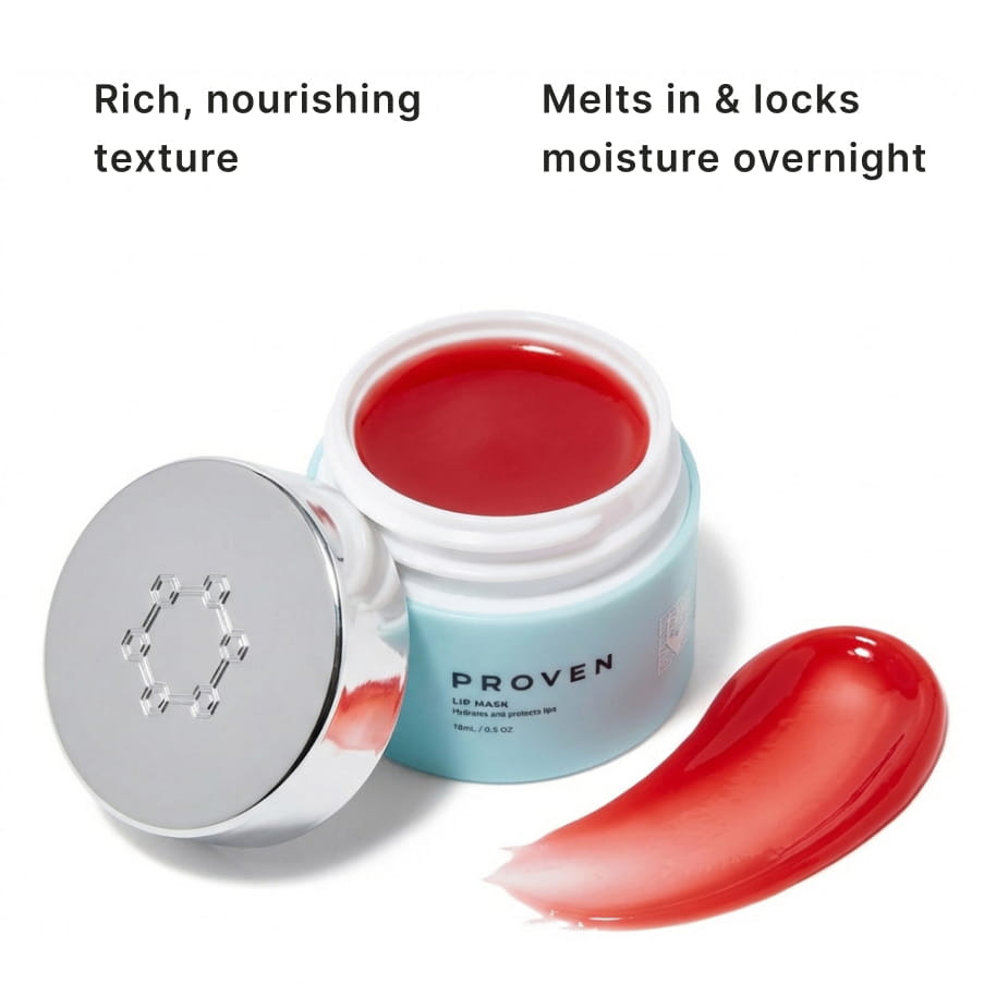 The open jar showing the red balm inside, with a swipe of it alongside: a rich, nourishing texture that melts in and locks moisture in overnight