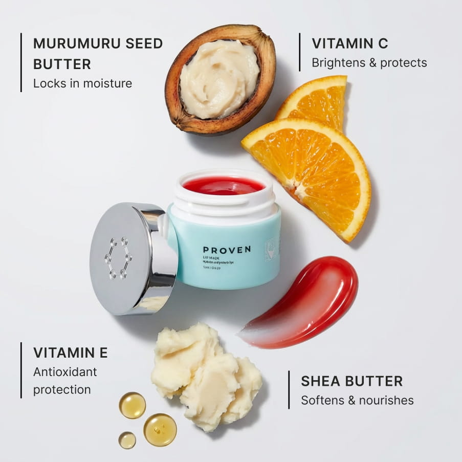 The four key ingredients around the open jar: murumuru seed butter, which locks in moisture; vitamin C, which brightens and protects; vitamin E, for antioxidant protection; and shea butter, which softens and nourishes