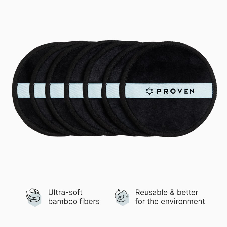 Seven black PROVEN makeup removing rounds fanned out, above two claims: ultra-soft bamboo fibers, reusable and better for the environment.