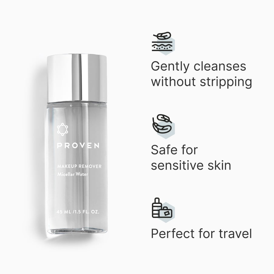 The clear PROVEN Micellar Water bottle with a silver cap, beside three claims: gently cleanses without stripping, safe for sensitive skin, perfect for travel.