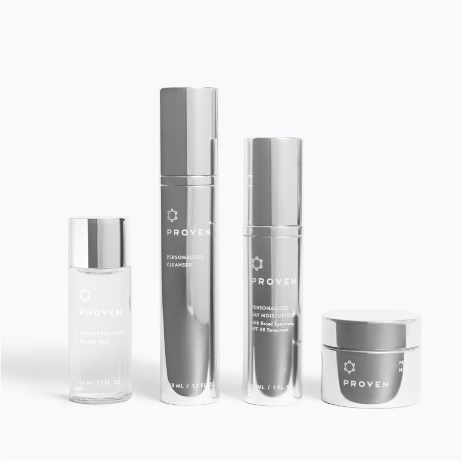 The micellar water lined up beside a full PROVEN routine — cleanser, day moisturizer and night cream — as the first step before them.