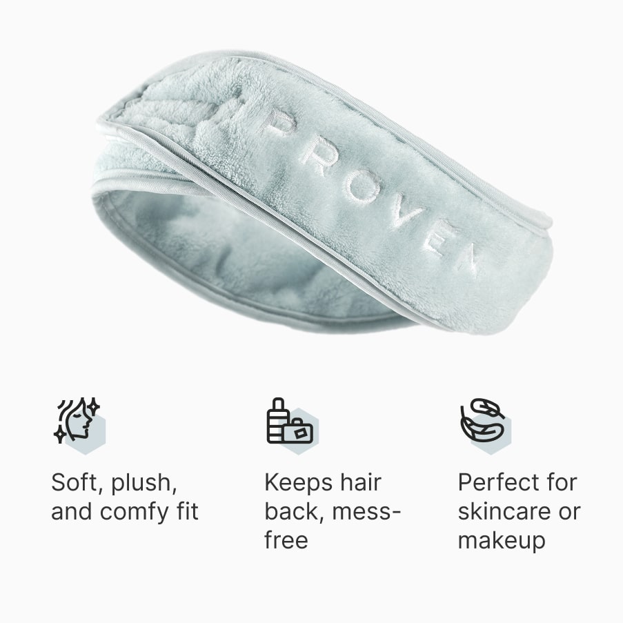 The plush pale-blue microfiber spa headband with PROVEN embroidered on it, above three claims: soft plush and comfy fit, keeps hair back mess-free, perfect for skincare or makeup.