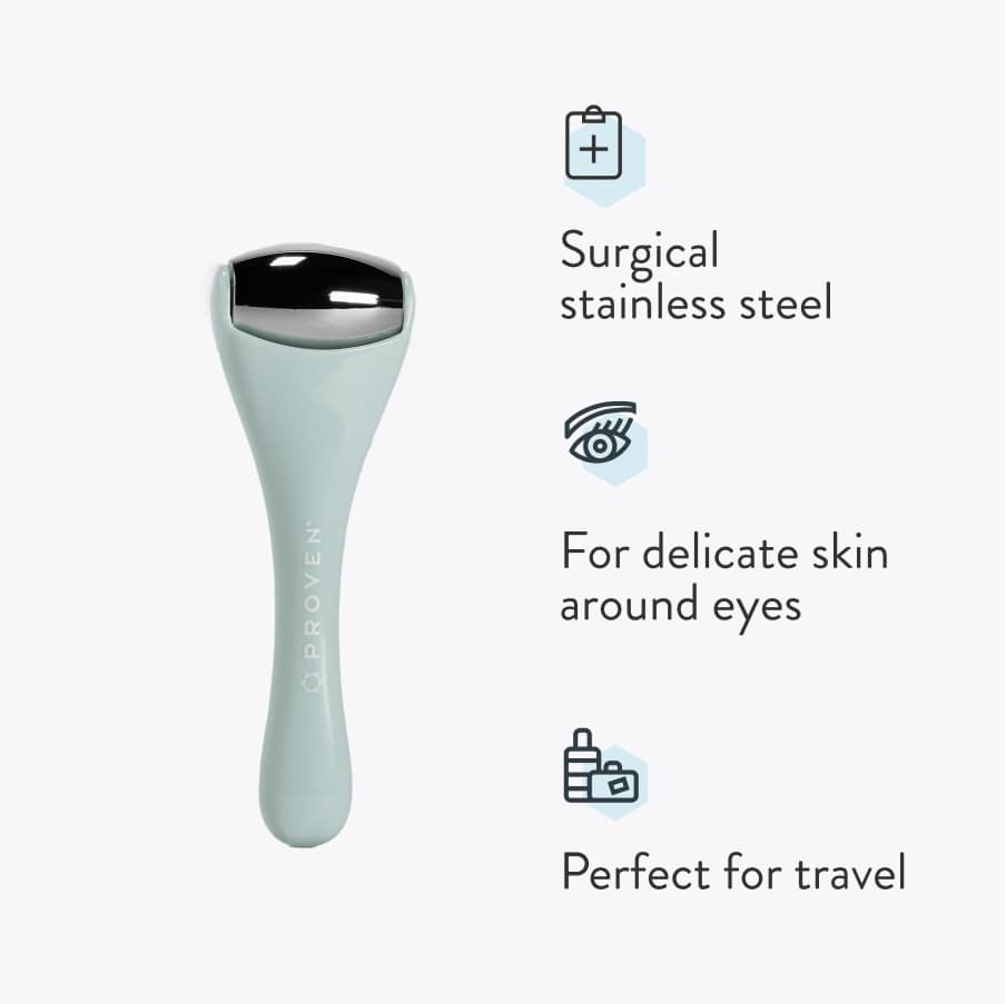 The pale-green Mini Cryo Roller with its stainless-steel head, beside three claims: surgical stainless steel, for delicate skin around eyes, perfect for travel.