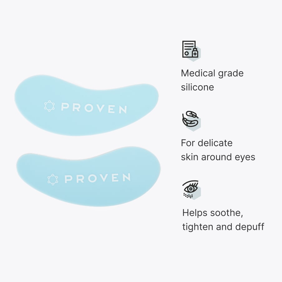 Two pale-blue silicone eye patches with PROVEN printed on them, beside three claims: medical grade silicone, for delicate skin around eyes, helps soothe tighten and depuff.