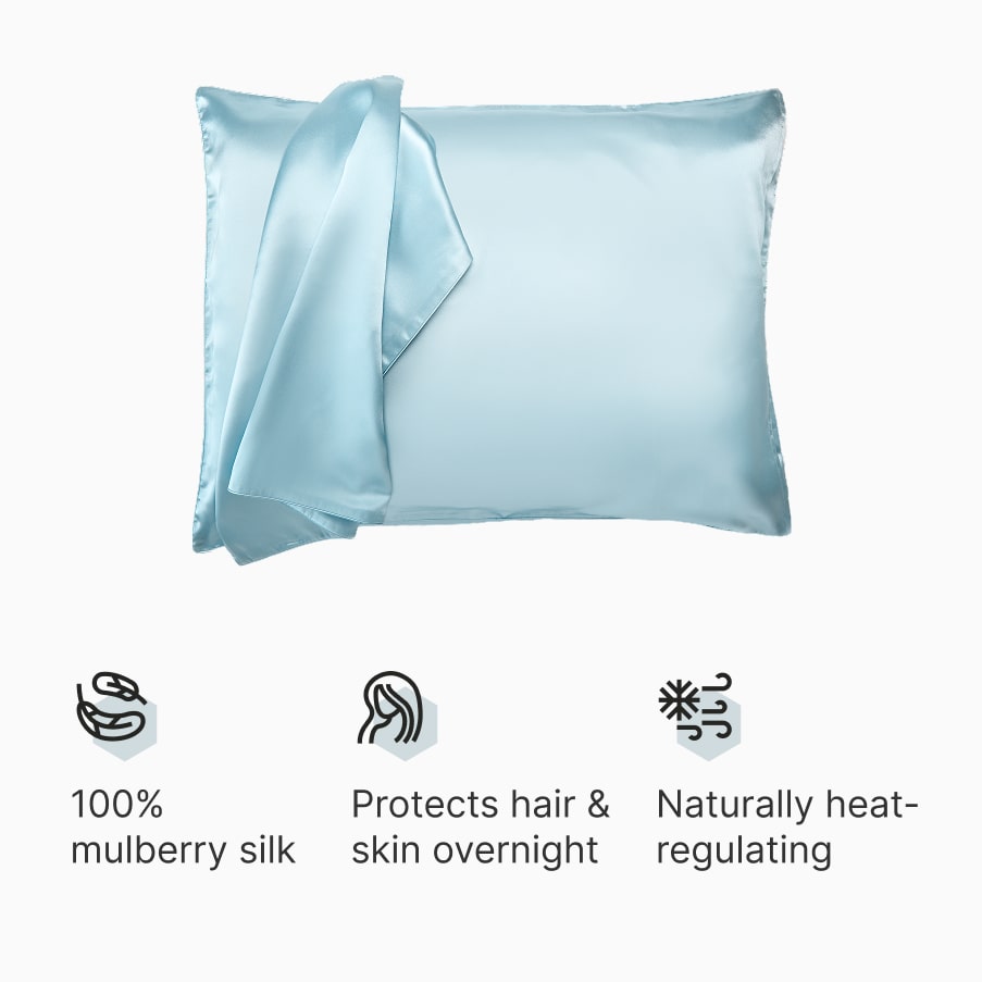 The pale-blue silk pillowcase on a plain background, above three claims: 100% mulberry silk, protects hair and skin overnight, naturally heat-regulating.