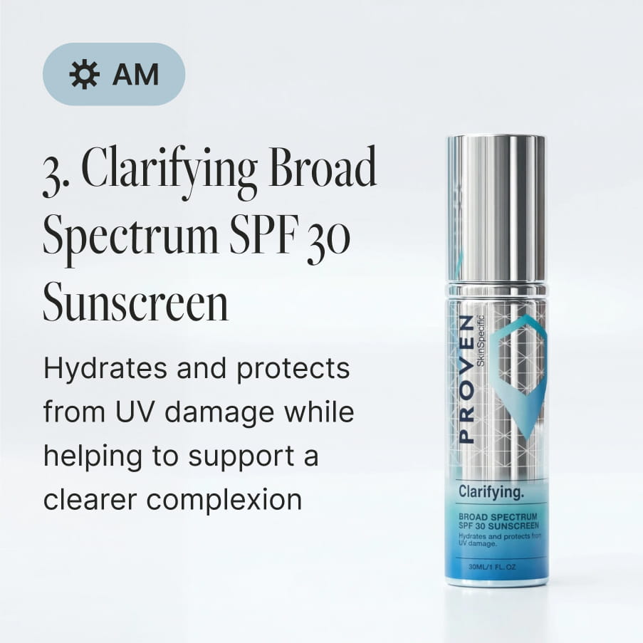 Step 3 of the routine, marked for AM use — Clarifying Broad Spectrum SPF 30 Sunscreen: “Hydrates and protects from UV damage while helping to support a clearer complexion.”