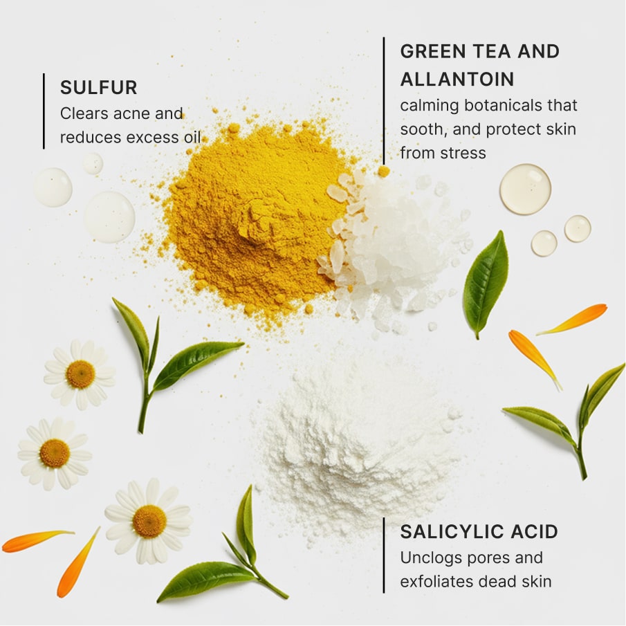 Three actives called out over sulfur powder, chamomile and green tea: sulfur to clear acne and reduce excess oil, green tea and allantoin as calming botanicals that soothe and protect skin from stress, and salicylic acid to unclog pores and exfoliate dead skin