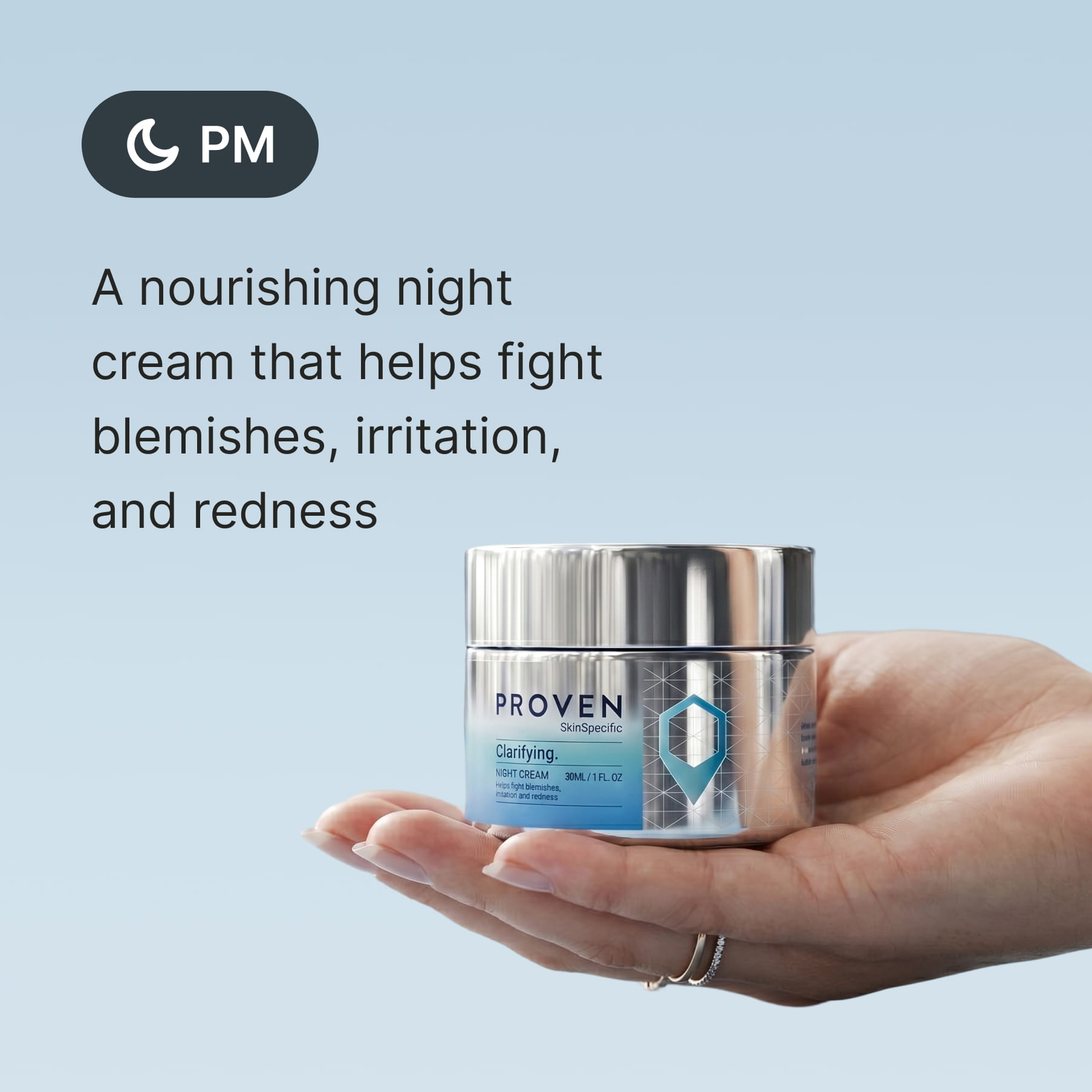 A hand holding the jar, marked for PM use: “A nourishing night cream that helps fight blemishes, irritation, and redness.”