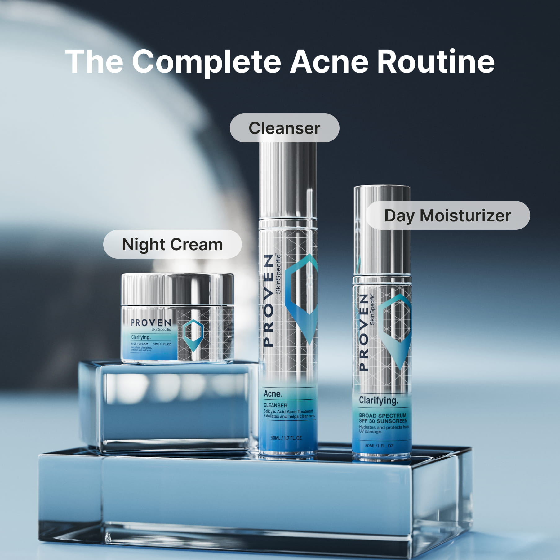 The three products of the complete acne routine side by side, labelled cleanser, day moisturizer and night cream