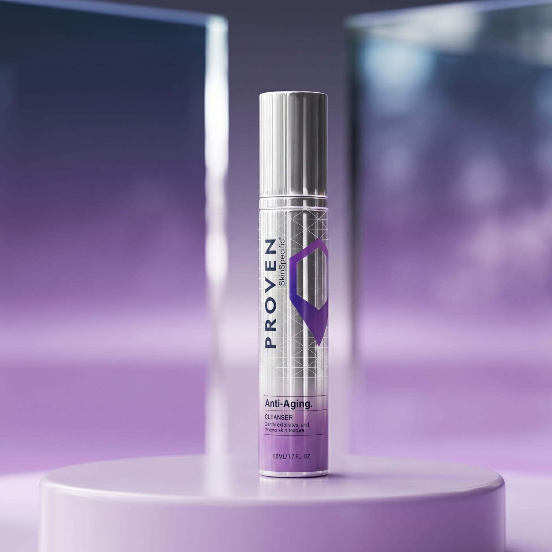 The SkinSpecific Anti-Aging Cleanser bottle, silver with a purple label, on a purple pedestal