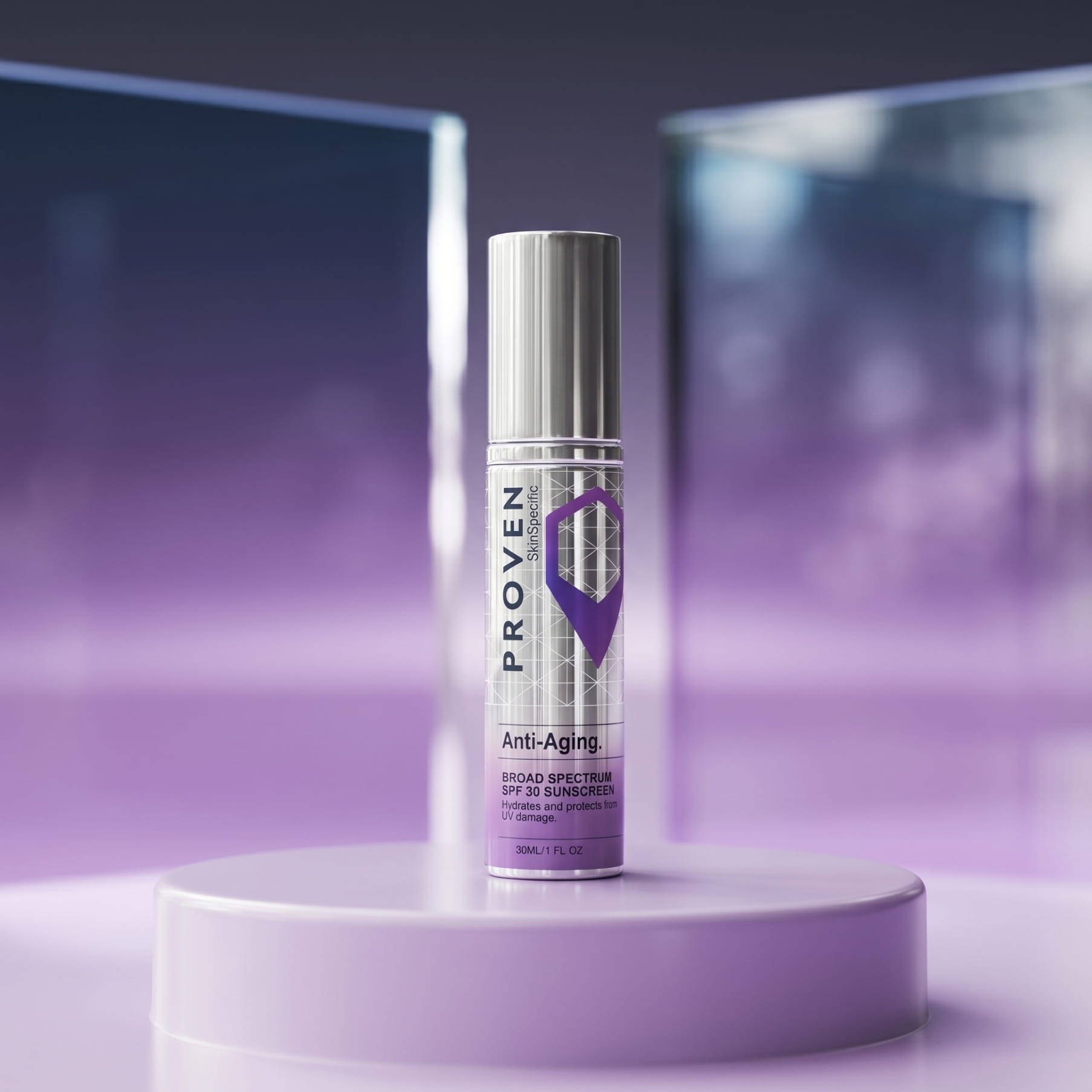 The SkinSpecific Anti-Aging Broad Spectrum SPF 30 Sunscreen bottle, silver with a purple label, on a purple pedestal
