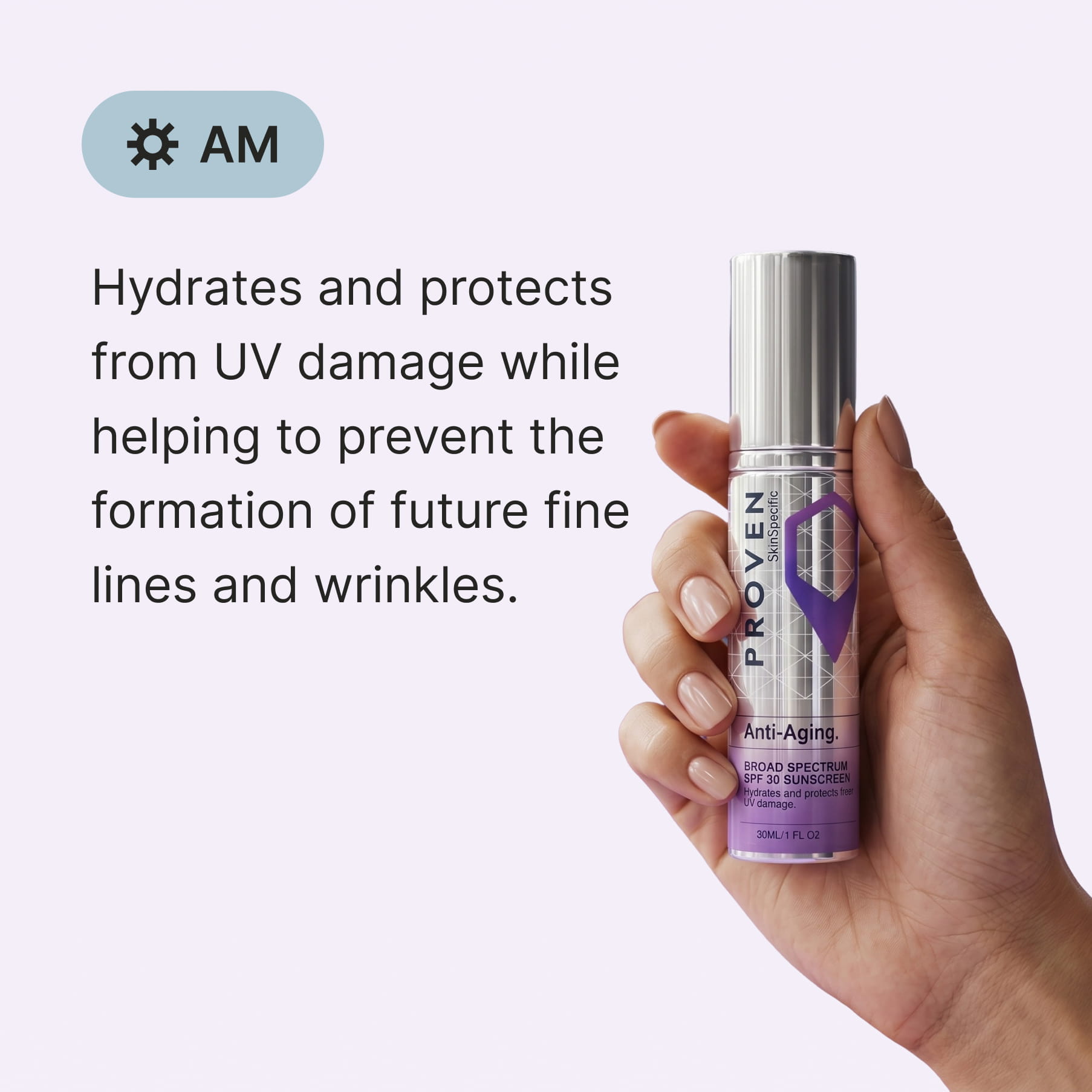 A hand holding the bottle, marked for AM use: “Hydrates and protects from UV damage while helping to prevent the formation of future fine lines and wrinkles.”