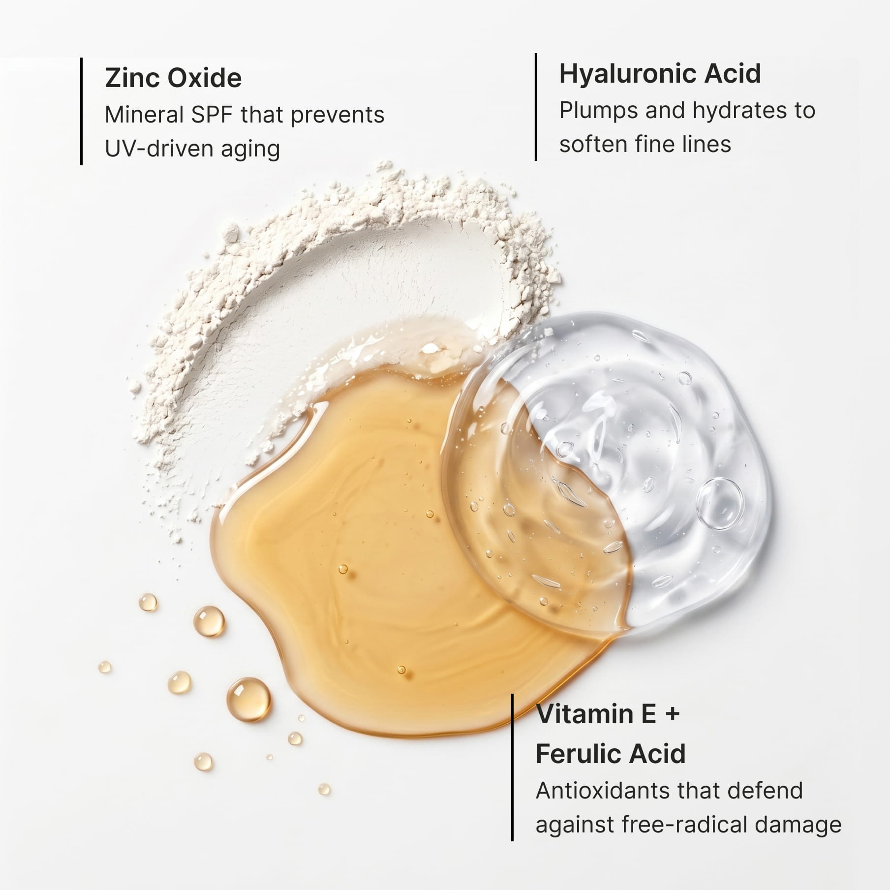 Three actives called out over mineral powder and gel swatches: zinc oxide as a mineral SPF that prevents UV-driven aging, hyaluronic acid to plump and hydrate to soften fine lines, and vitamin E with ferulic acid as antioxidants that defend against free-radical damage