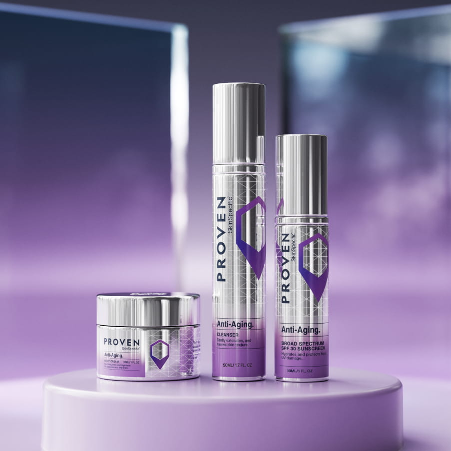 The three SkinSpecific Anti-Aging products — night cream, cleanser and sunscreen — on a purple pedestal