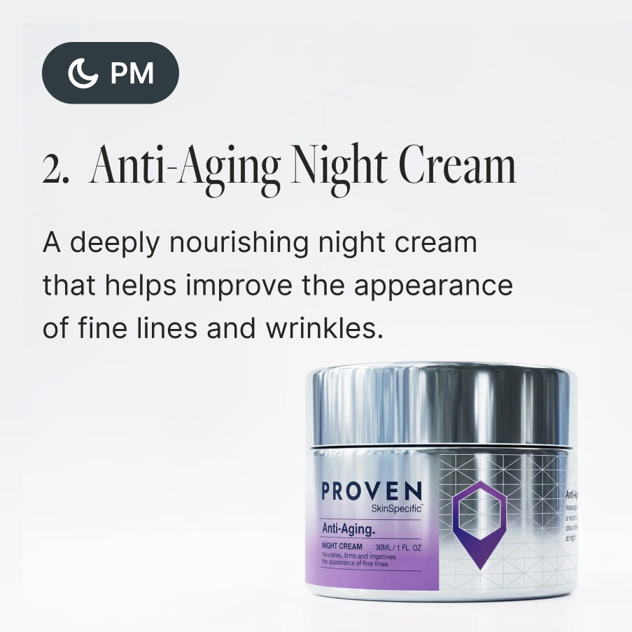 Step 2 of the routine, marked for PM use — Anti-Aging Night Cream: “A deeply nourishing night cream that helps improve the appearance of fine lines and wrinkles.”
