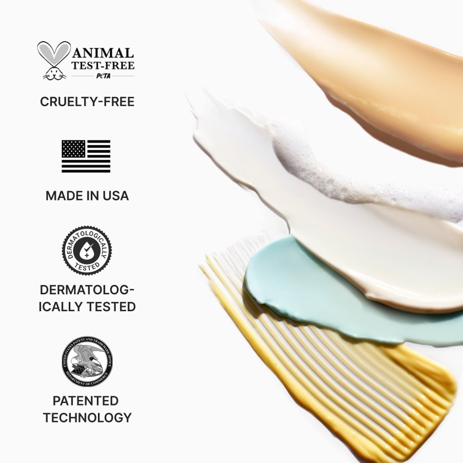 Four claims beside swatches of PROVEN textures: cruelty-free (PETA animal test-free), made in USA, dermatologically tested, patented technology