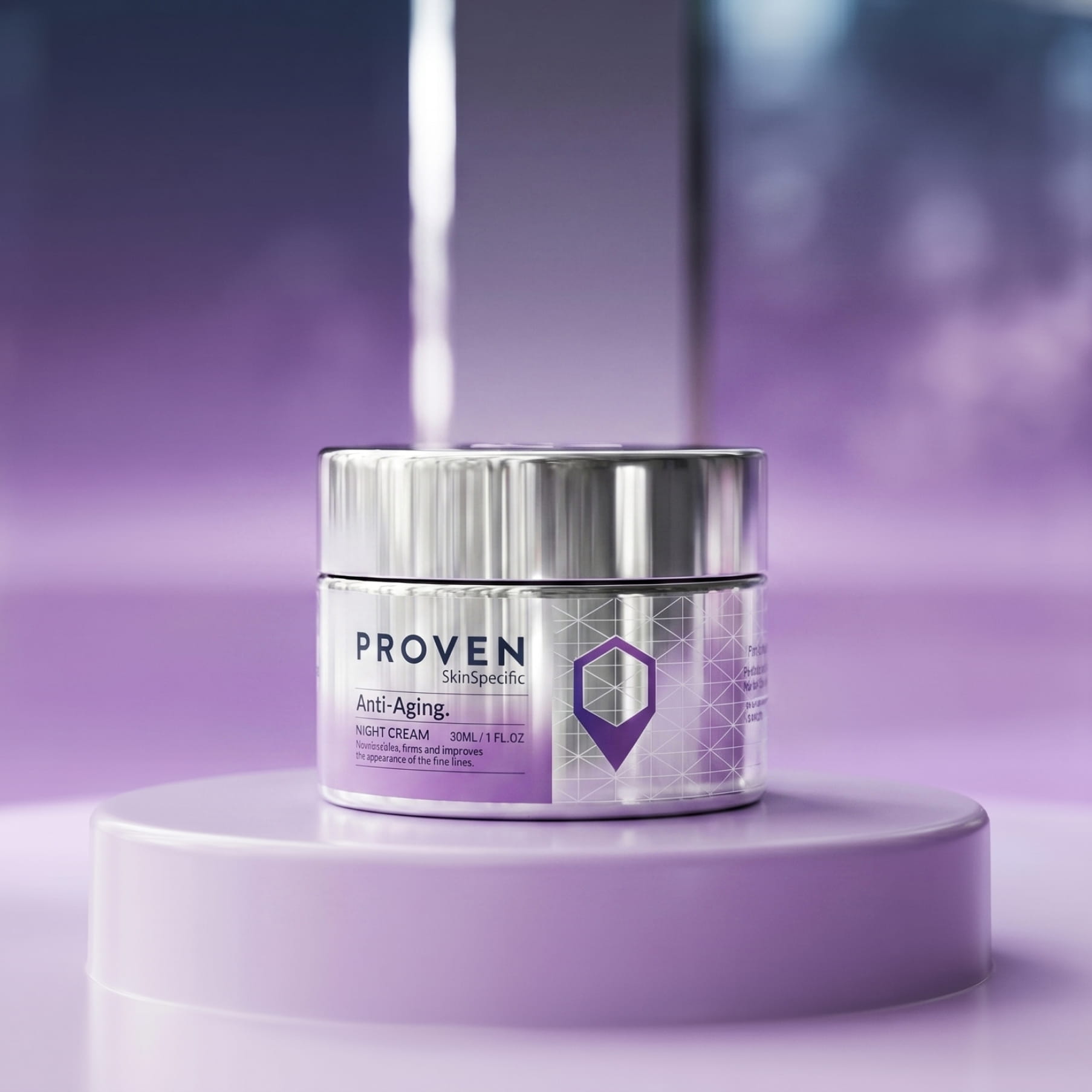 The SkinSpecific Anti-Aging Night Cream jar, silver with a purple label, on a purple pedestal