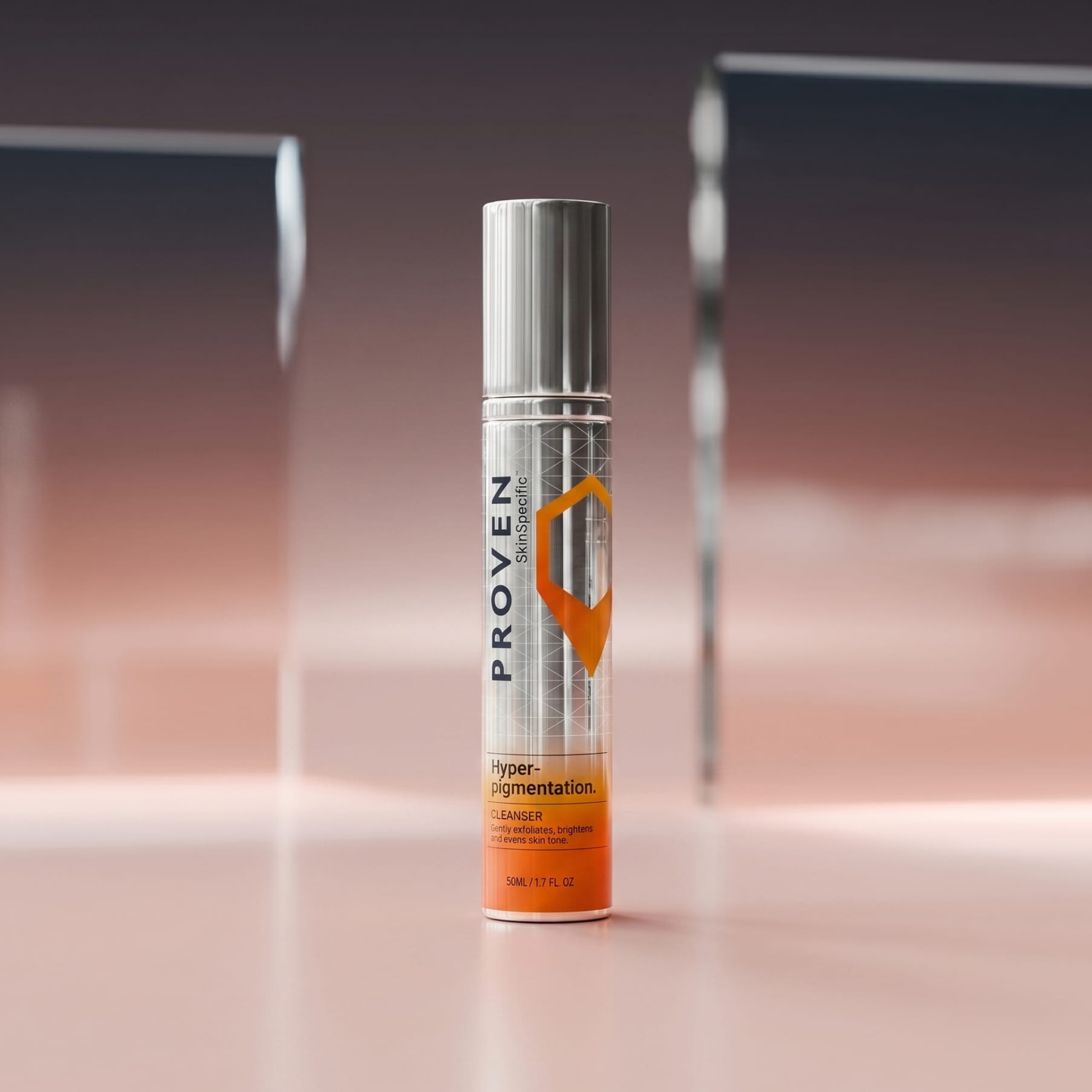 The SkinSpecific Hyperpigmentation Cleanser bottle, silver with an orange label, on a pink backdrop