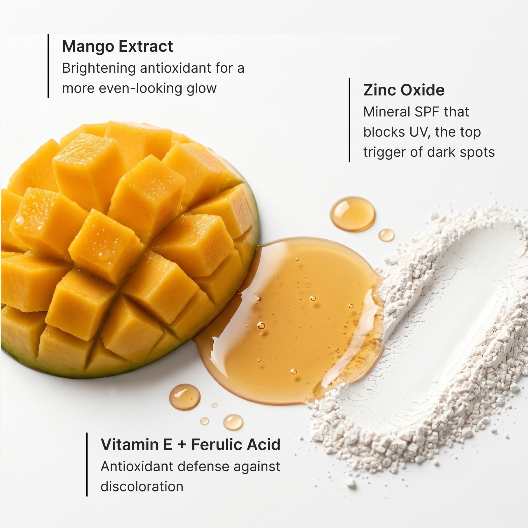 Three actives called out over sliced mango, oil and mineral powder: mango extract as a brightening antioxidant, zinc oxide as a mineral SPF that blocks UV — the top trigger of dark spots — and vitamin E with ferulic acid for antioxidant defence against discoloration