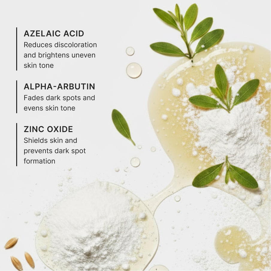 Three actives called out over botanicals and mineral powder: azelaic acid to reduce discoloration and brighten uneven skin tone, alpha-arbutin to fade dark spots, and zinc oxide to shield skin and prevent dark spot formation