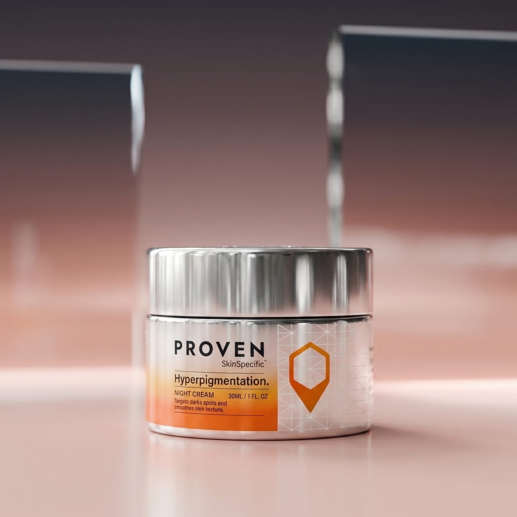 The SkinSpecific Hyperpigmentation Night Cream jar, silver with an orange label, on a pink backdrop
