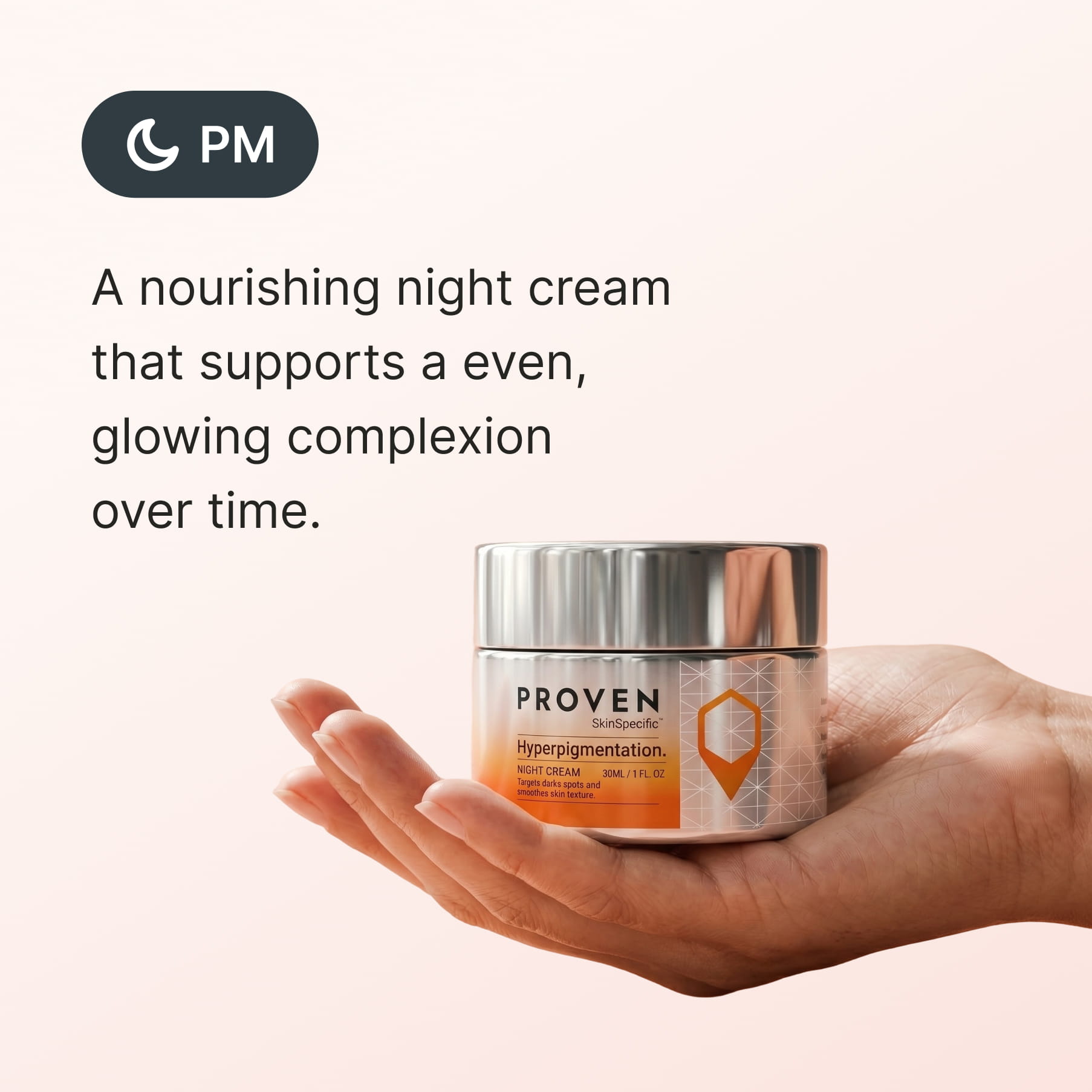 A hand holding the jar, marked for PM use: “A nourishing night cream that supports a even, glowing complexion over time.”