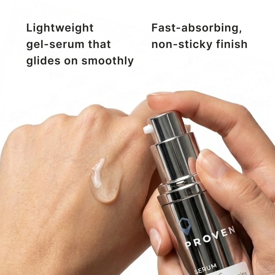 A dab of the serum on the back of a hand beside the bottle: a lightweight gel-serum that glides on smoothly to a fast-absorbing, non-sticky finish