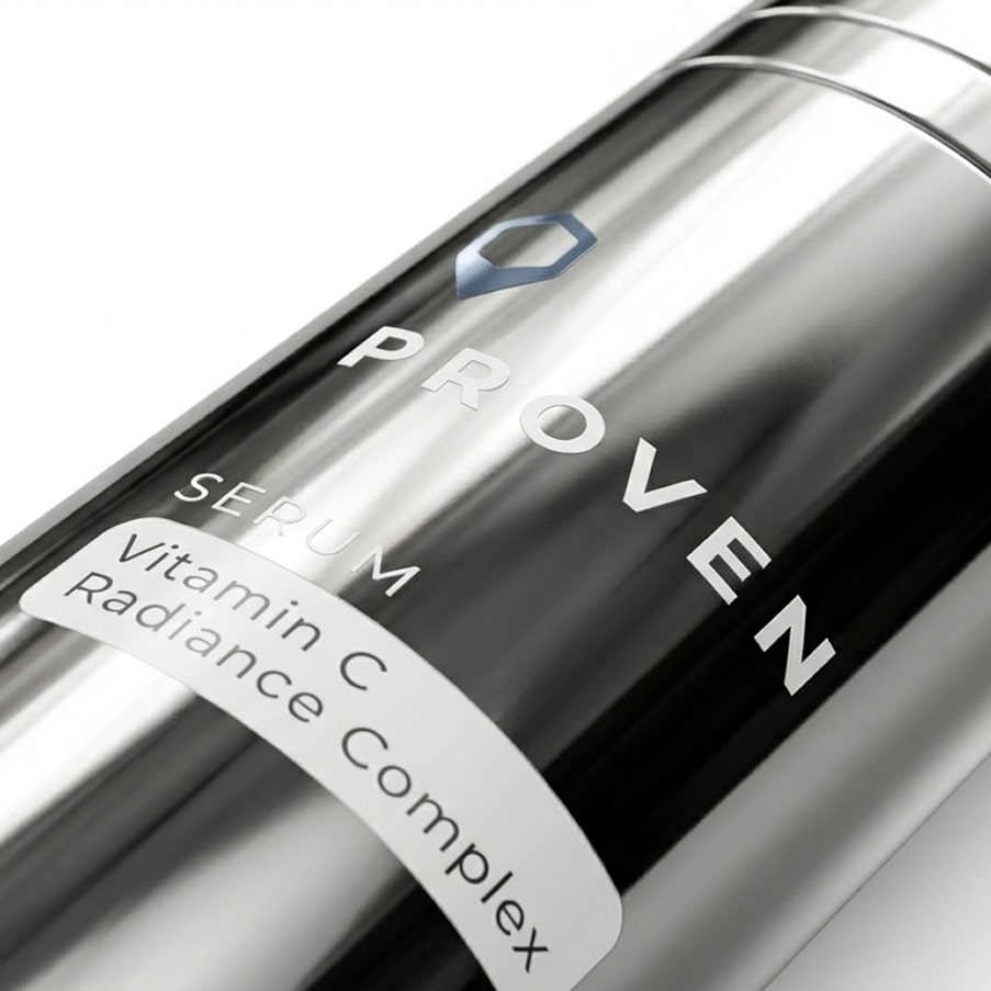 Close-up of the bottle's label, reading PROVEN Serum, Vitamin C Radiance Complex